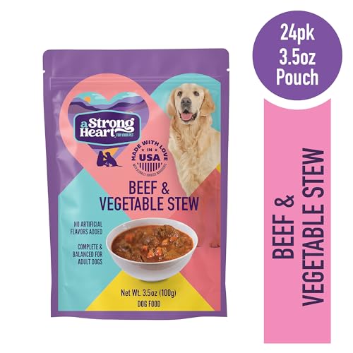 Strongheart wet dog food packaging featuring beef and vegetables for appetizing meals.