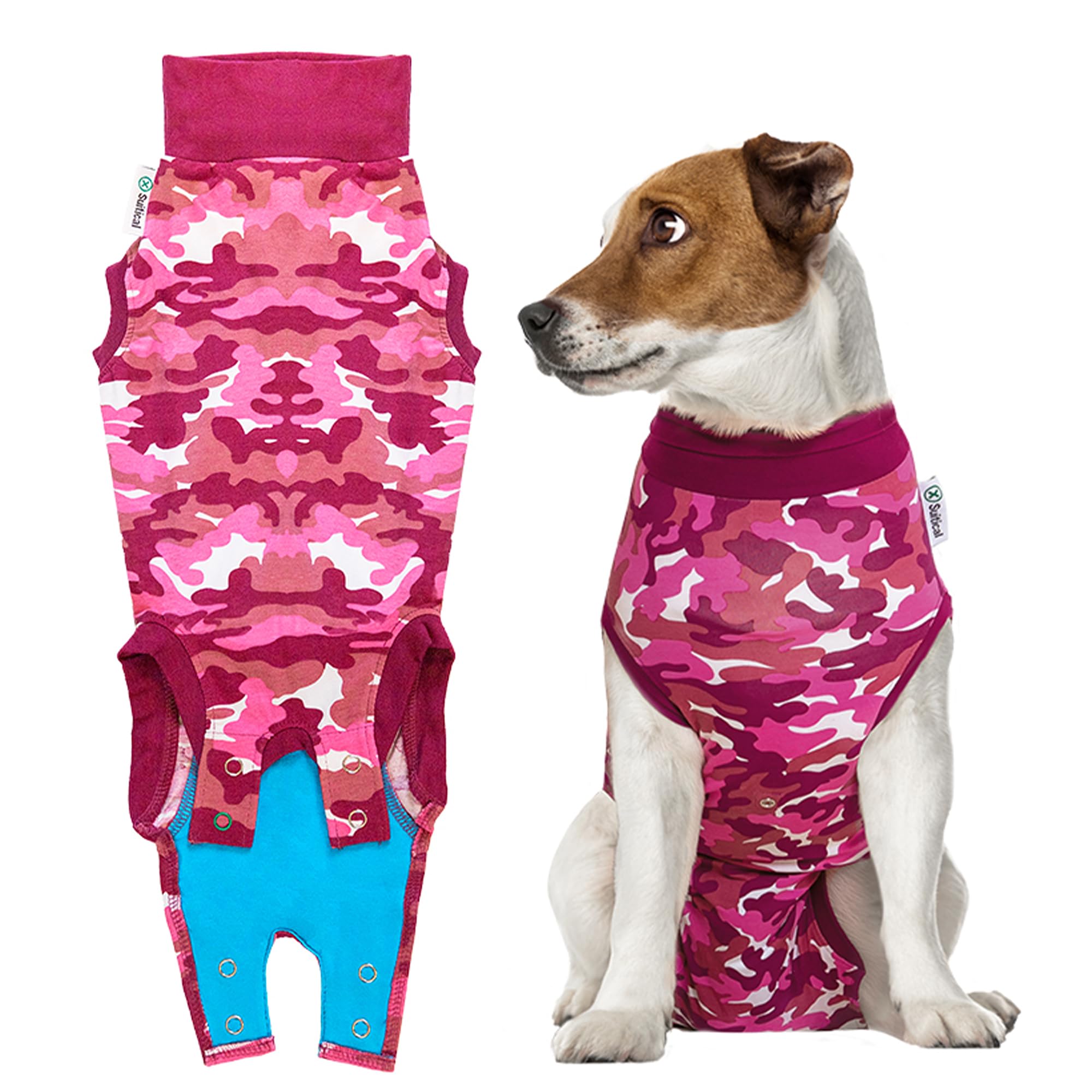 Suitical Recovery Suit para perro en rosa camuflado, protege suturas y evita lamidos.