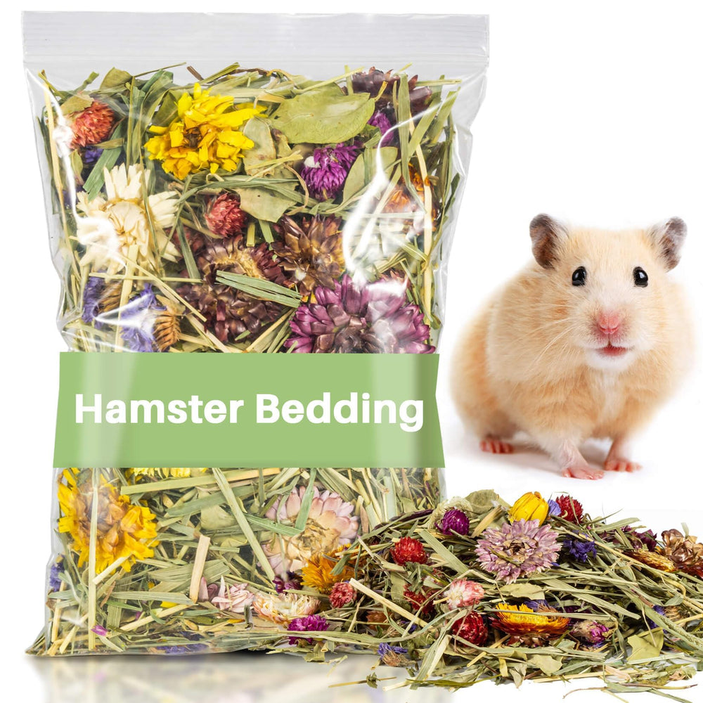 Sukh Hamster Bedding con flores y hierbas para un ambiente natural y suave.
