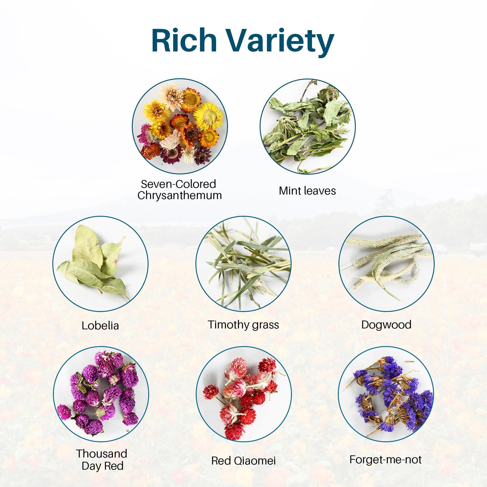 Sukh 150g con flores secas e hierbas, enriqueciendo la cama con aromas suaves.