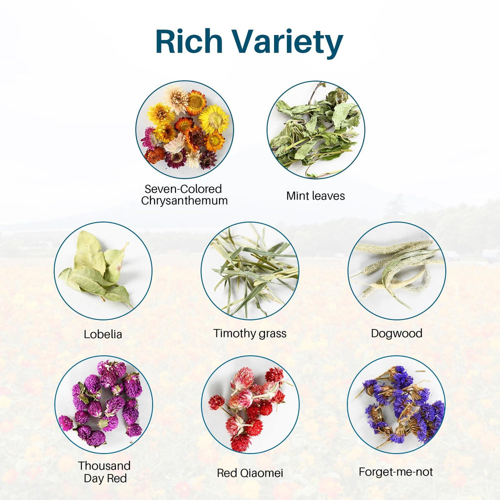 Sukh 150g con flores secas e hierbas, enriqueciendo la cama con aromas suaves.