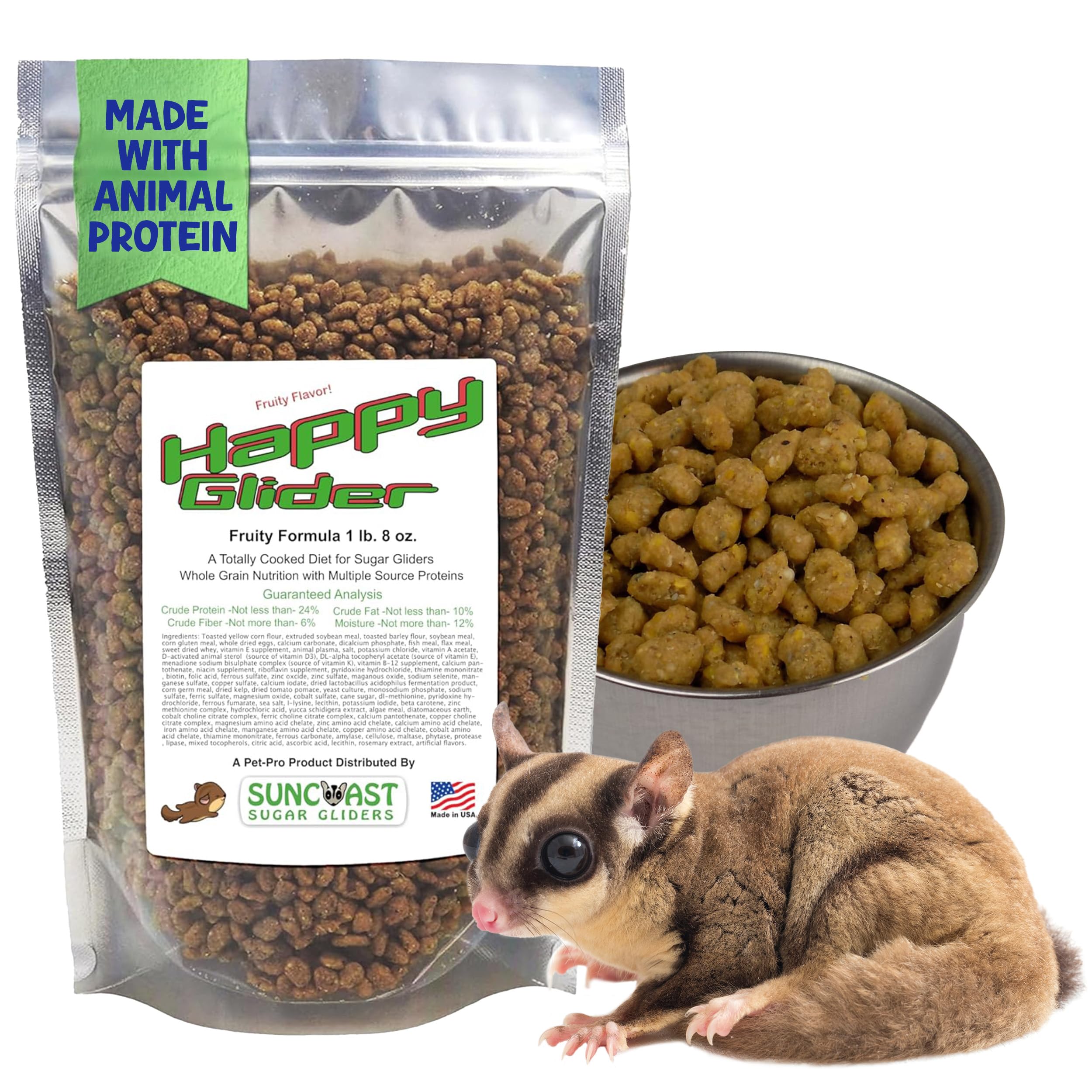 Suncoast Sugar Gliders alimento en gránulos frutales para mascotas exóticas pequeñas.
