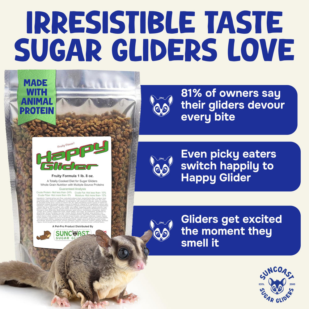 Suncoast Sugar Gliders calcio, vitaminas y probióticos para huesos fuertes.