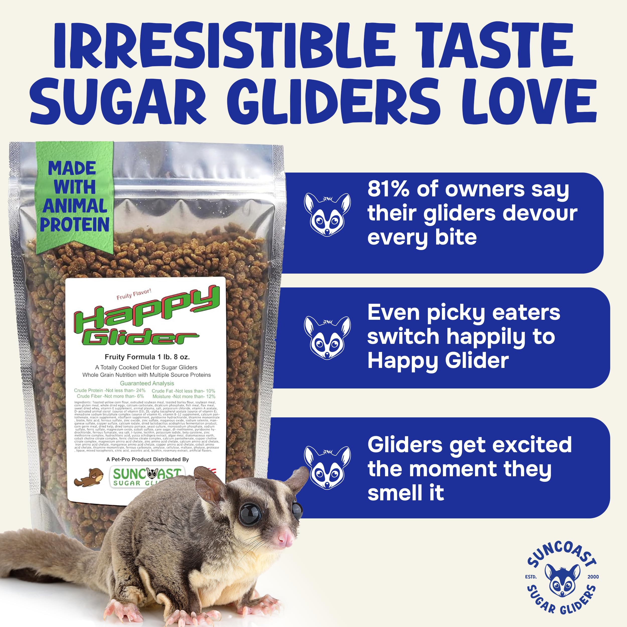 Suncoast Sugar Gliders granulos fruta sabor frutal, mejor aceptación en la comida
