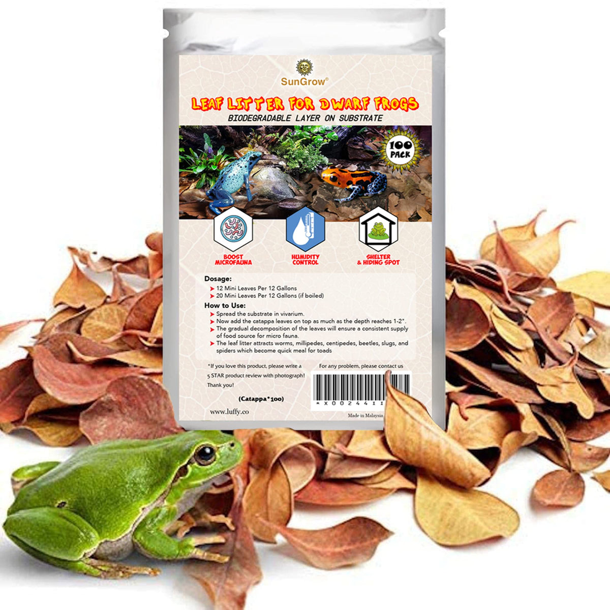 SunGrow hojas Catappa para terrario mejoran la humedad y refugio para ranas.