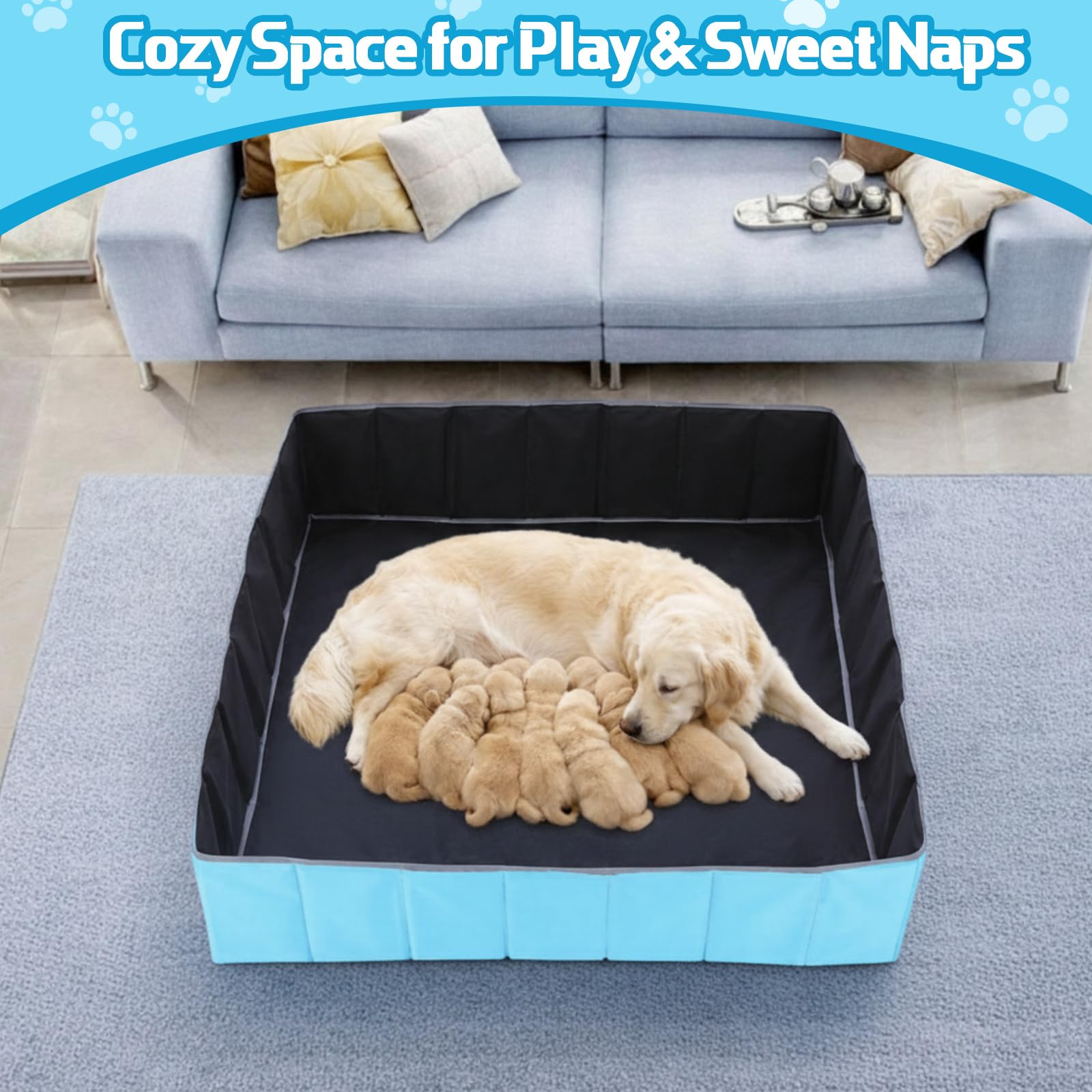Caja Sunnymove para parto canino, dimensiones 110x110x30 cm para verificación.