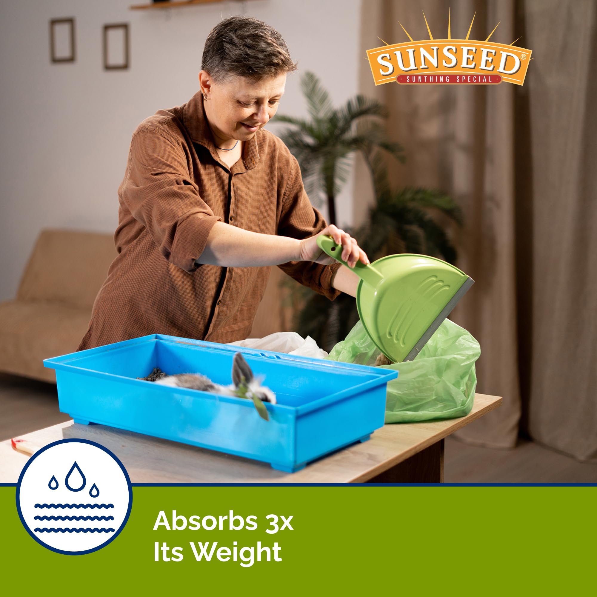 Sunseed Fresh World Bedding biodegradable y compostable para conciencia ecológica.