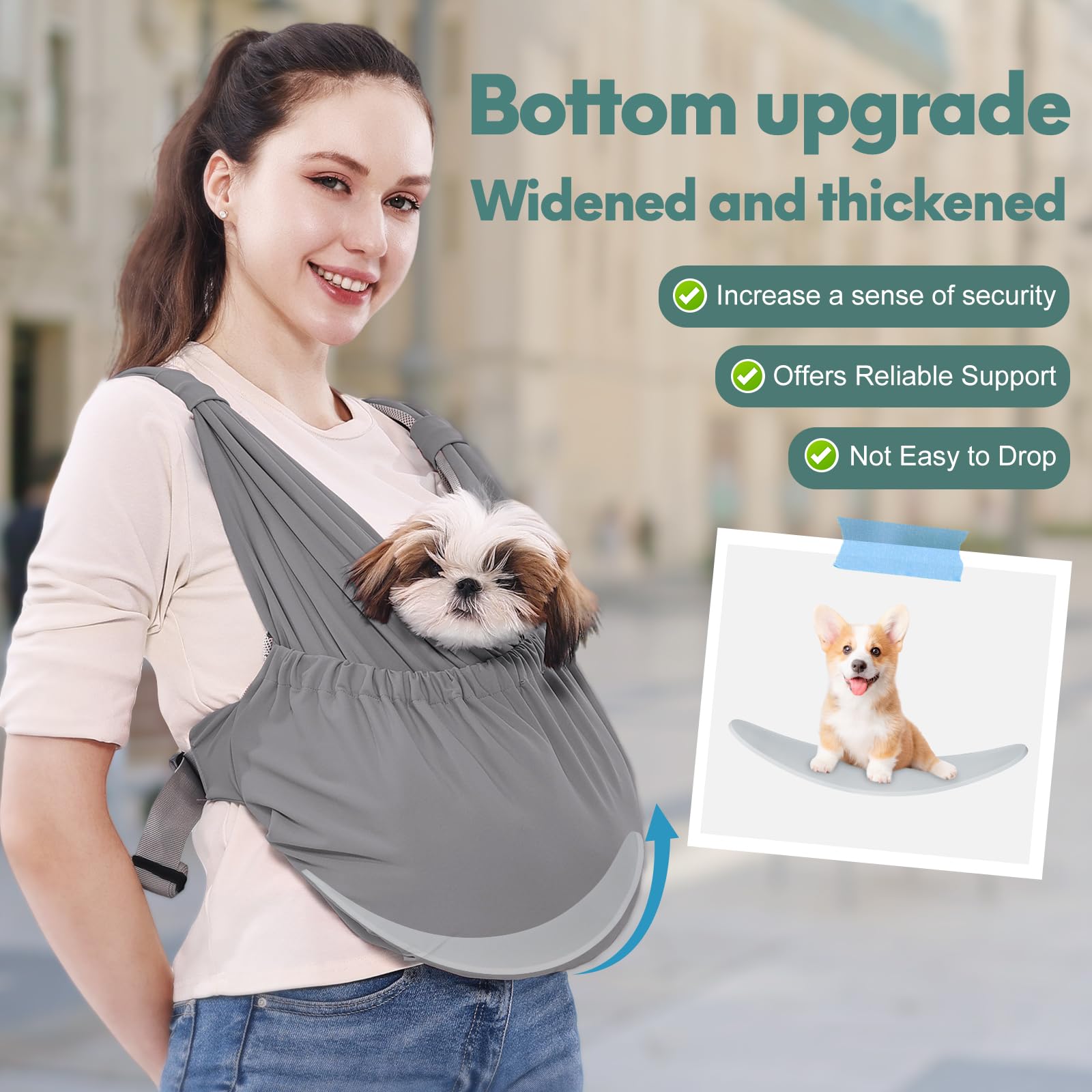Supet bandolera con base reforzada para mayor seguridad de la mascota.