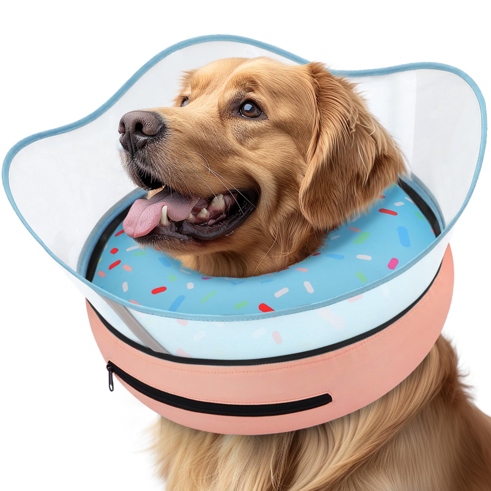 Supet collar rosquilla inflable para perro, vista frontal, evita lamer zonas lesionadas.