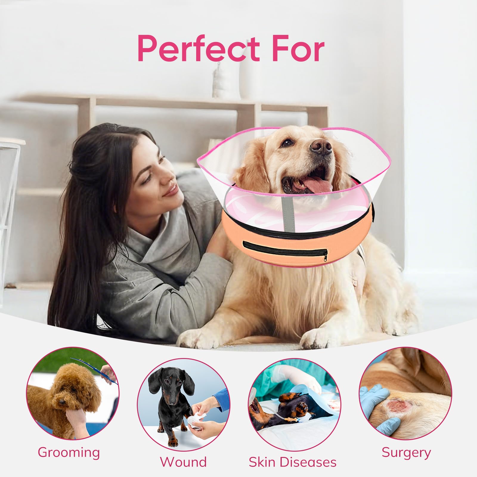 Perro grande con collar inflable Supet dona rosada XL en acción.