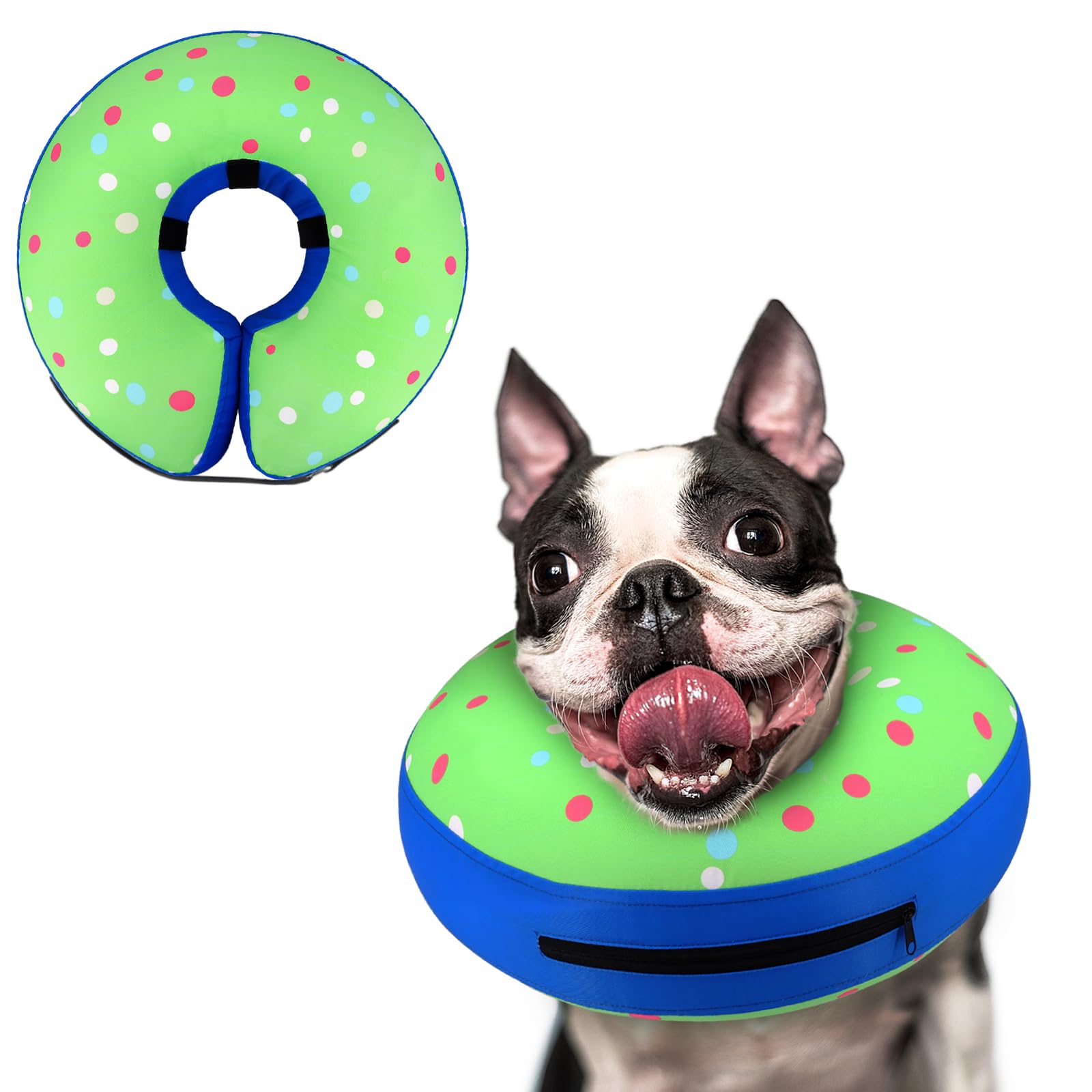 Supet Collar Donut Inflable, vista lateral, ideal para recuperación postoperatoria de perros.
