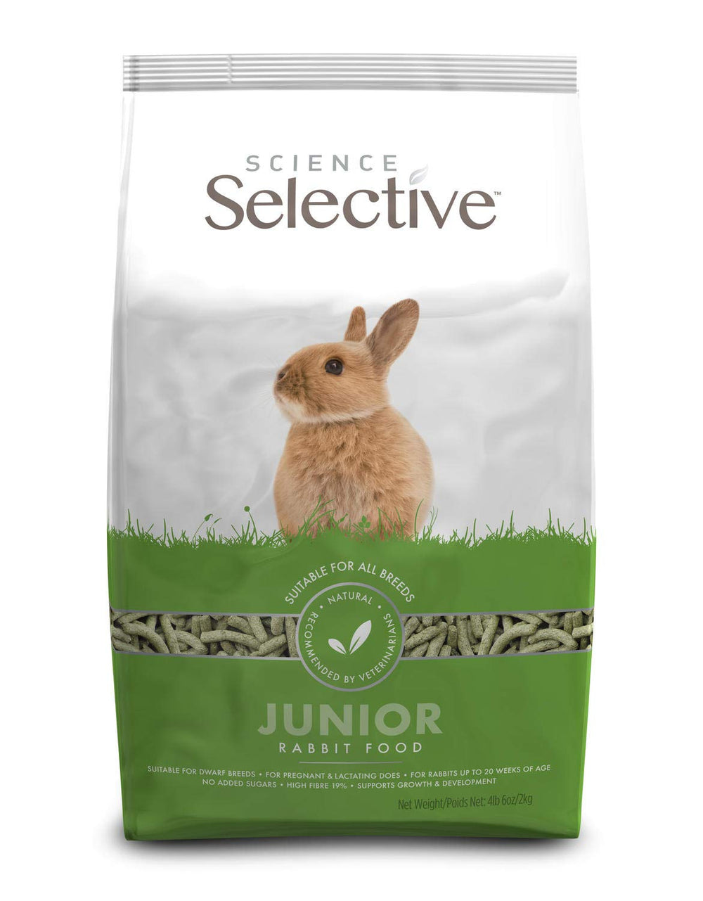 Supreme Petfoods SCIENCE Selective Junior, empaque visible; dieta equilibrada que apoya desarrollo saludable de crías.