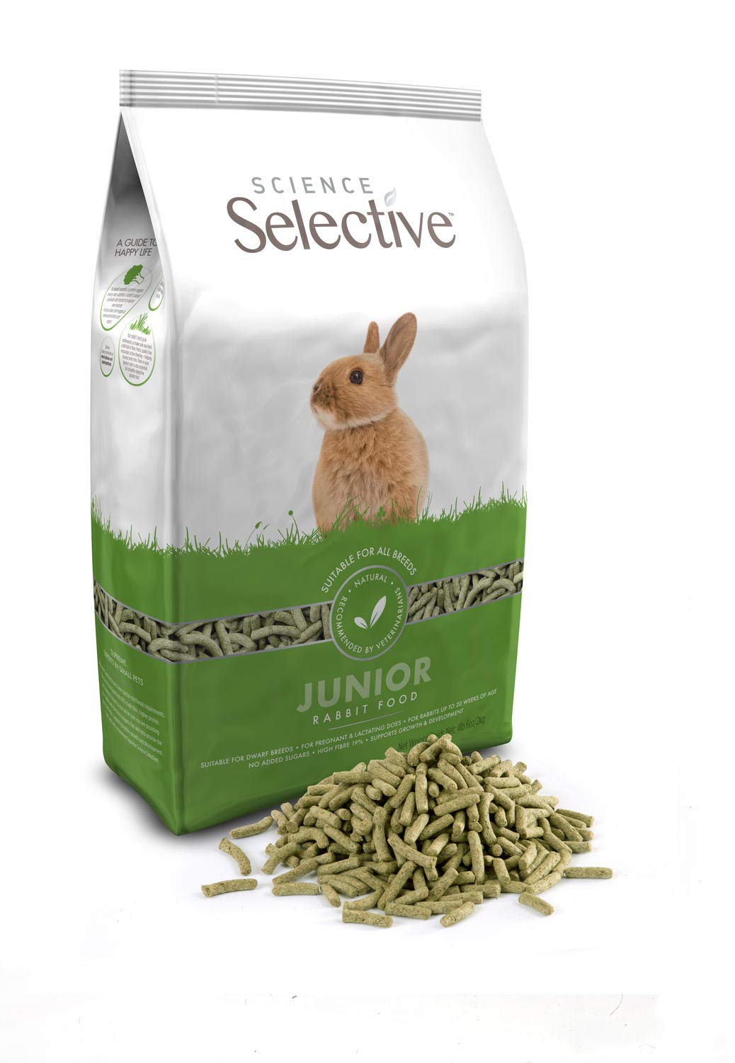 Supreme Petfoods SCIENCE Selective Junior; frente del envase con información clara para una dieta balanceada.