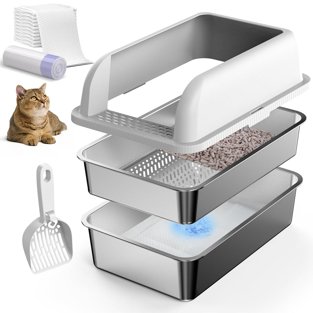Bandeja de arena de metal suzzipaws con tapa para mayor higiene y privacidad.