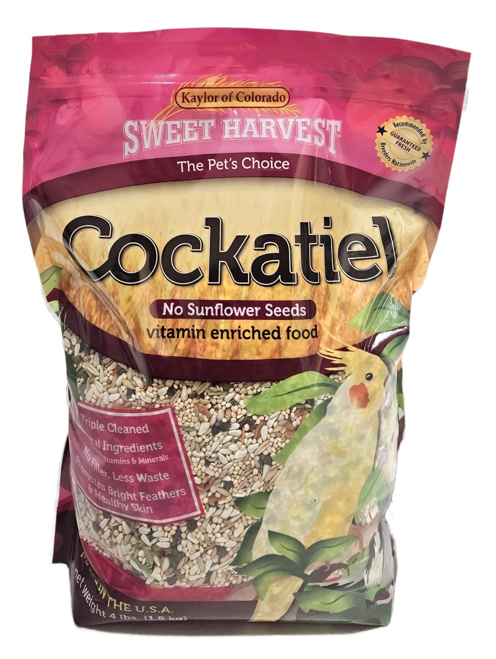 Sweet Harvest mezcla de semillas para cockatiel sin girasol en empaque práctico para la dieta diaria.