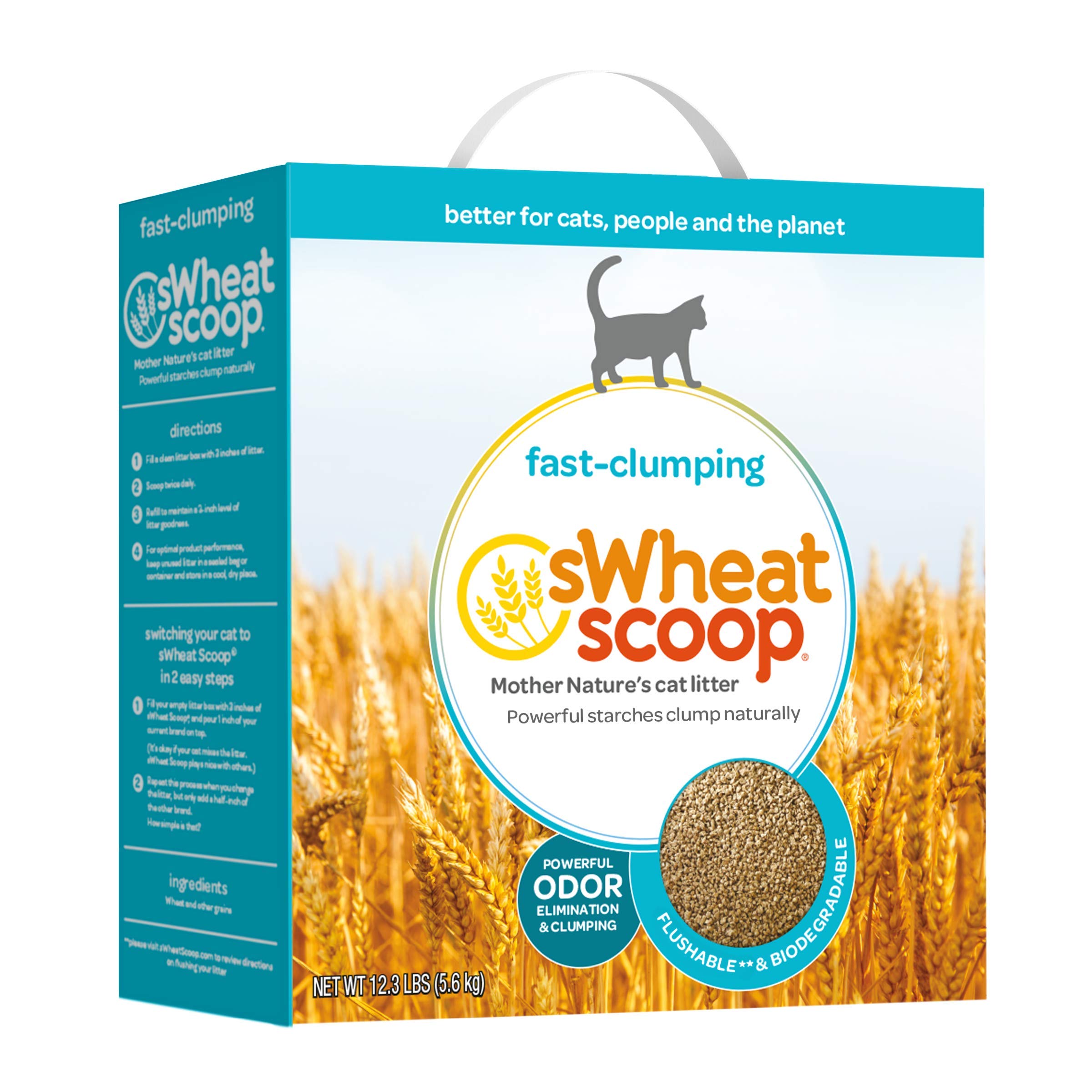 sWheat Scoop empaque-frente: arena natural para varios gatos y control de olores.