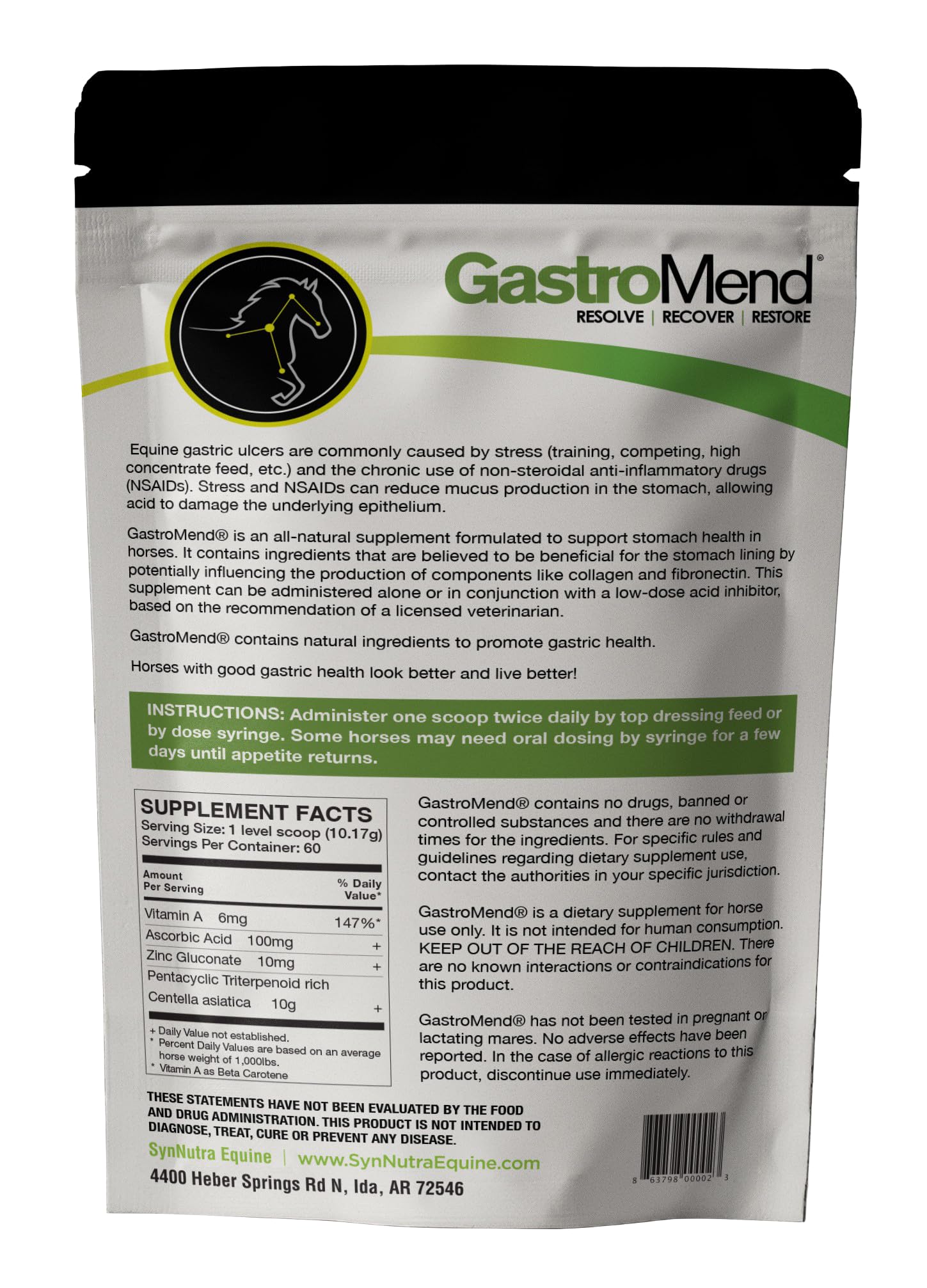 Etiqueta de GastroMend de SynNutra Equine, destaca fórmula natural apta para competición.