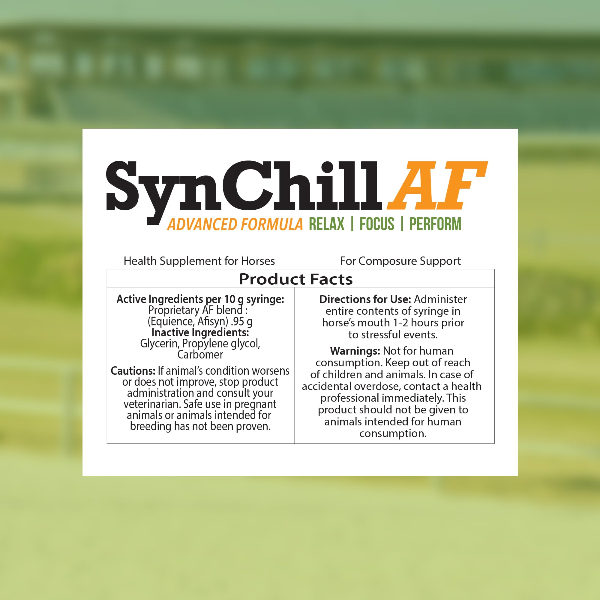 SynNutra Equine SynChill AF, envase frontal para mostrar la fórmula sin L-teanina.
