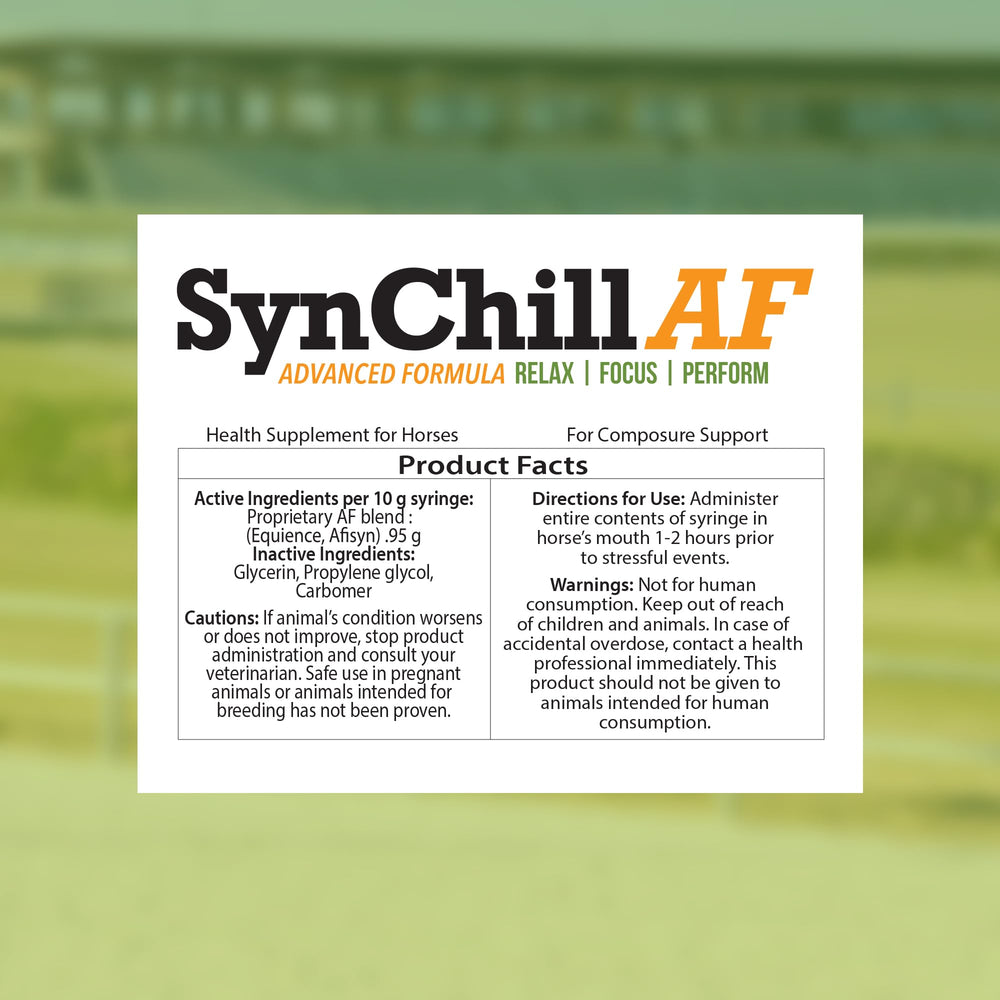 SynNutra Equine SynChill AF, envase frontal para mostrar la fórmula sin L-teanina.
