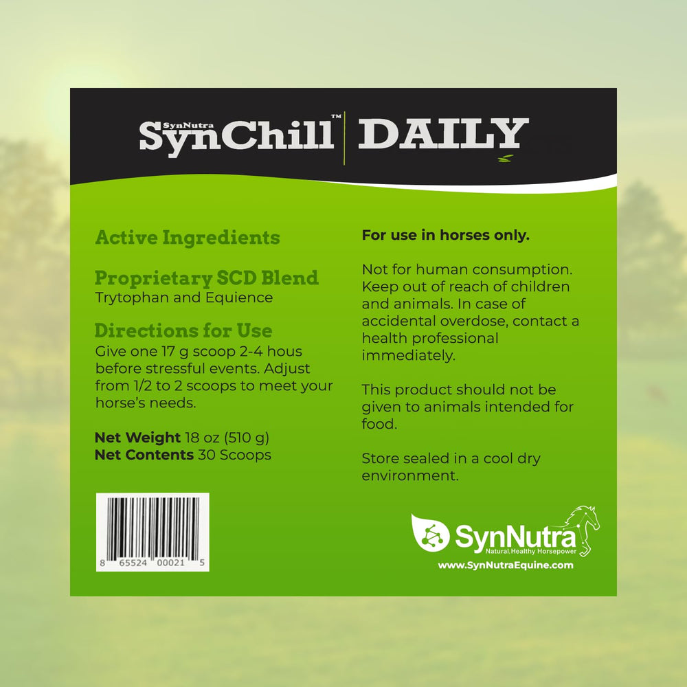 SynNutra Equine SynChill, mezcla natural para calmar, mejora el enfoque sin sedación