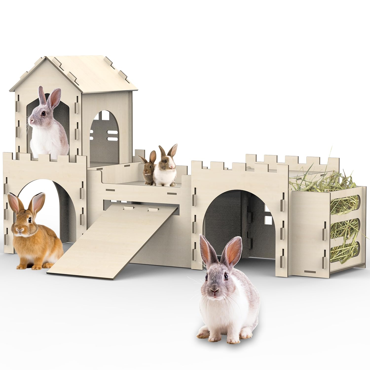 Casa TankMatDecor para conejos, doble nivel de madera para juego y descanso.