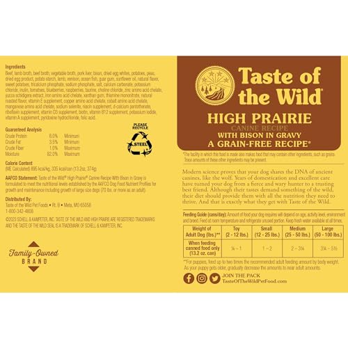Taste of the Wild High Prairie bison en gravy, etiqueta de lata con ingredientes de calidad
