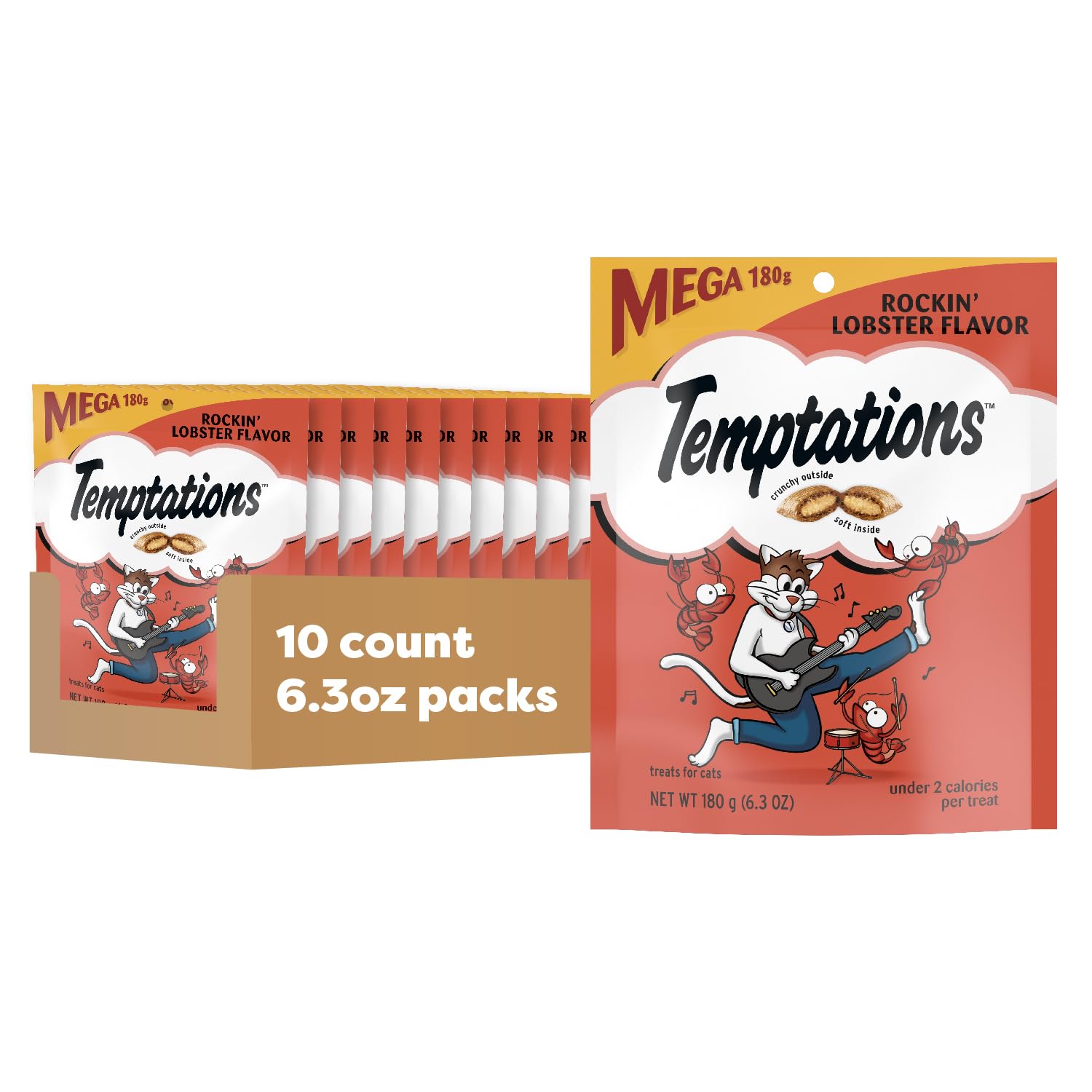Golosinas Temptations para gatos, sabor langosta, bolsa mantiene frescura, crujiente por fuera y suave por dentro.