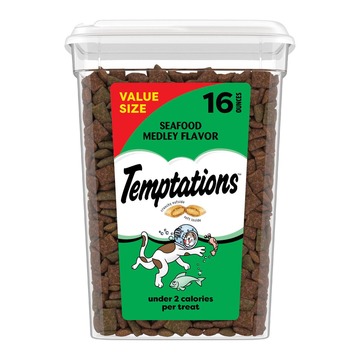 Golosinas Temptations para gatos: crujiente y suave mariscos en tub, premio diario para tu gata.