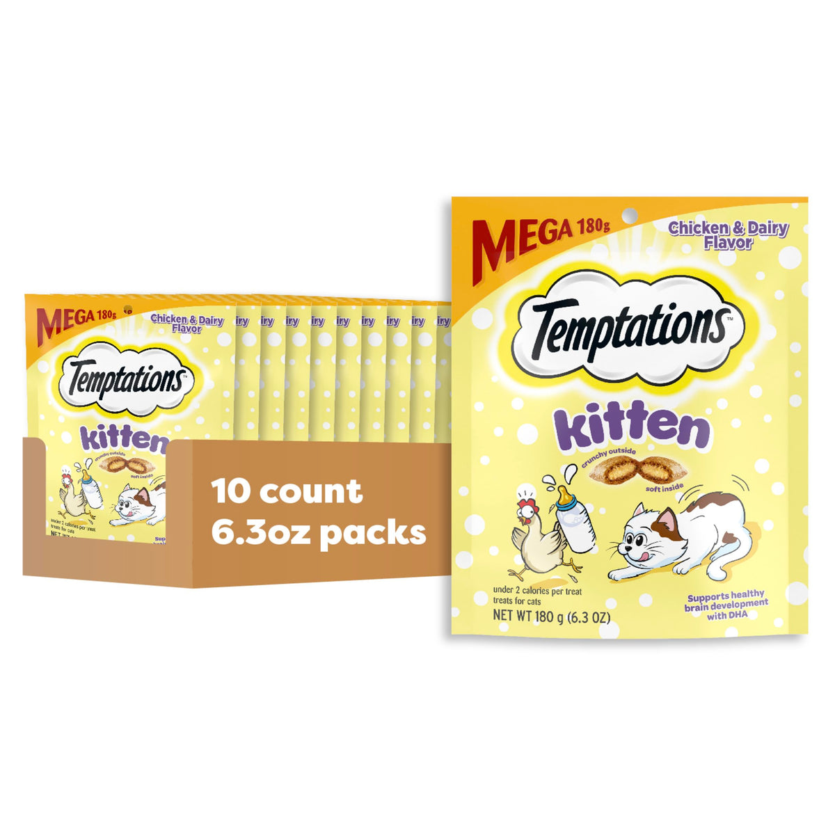 Temptations gatito, golosinas crujiente suave, premio dual para gatitos.