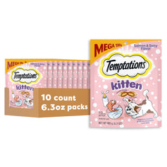 Temptations para gatitos: snack crujiente y suave de sabor lácteo en bolsa con cierre hermético.