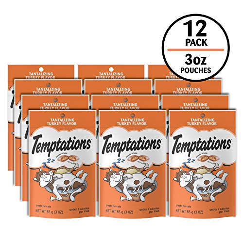 Temptations para gatos: textura crujiente y suave con sabor turquia, ideal para premiar.