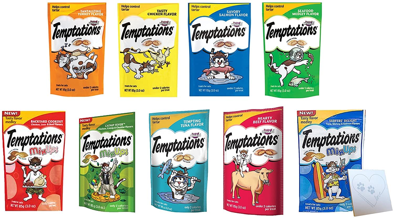 Temptations Gatos: pack variado de 9 sabores en 9 bolsas de 3 oz para recompensas.