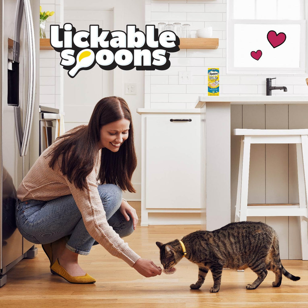 Presentación sin ensuciar con puré Temptations Lickable Spoons para entrenar.