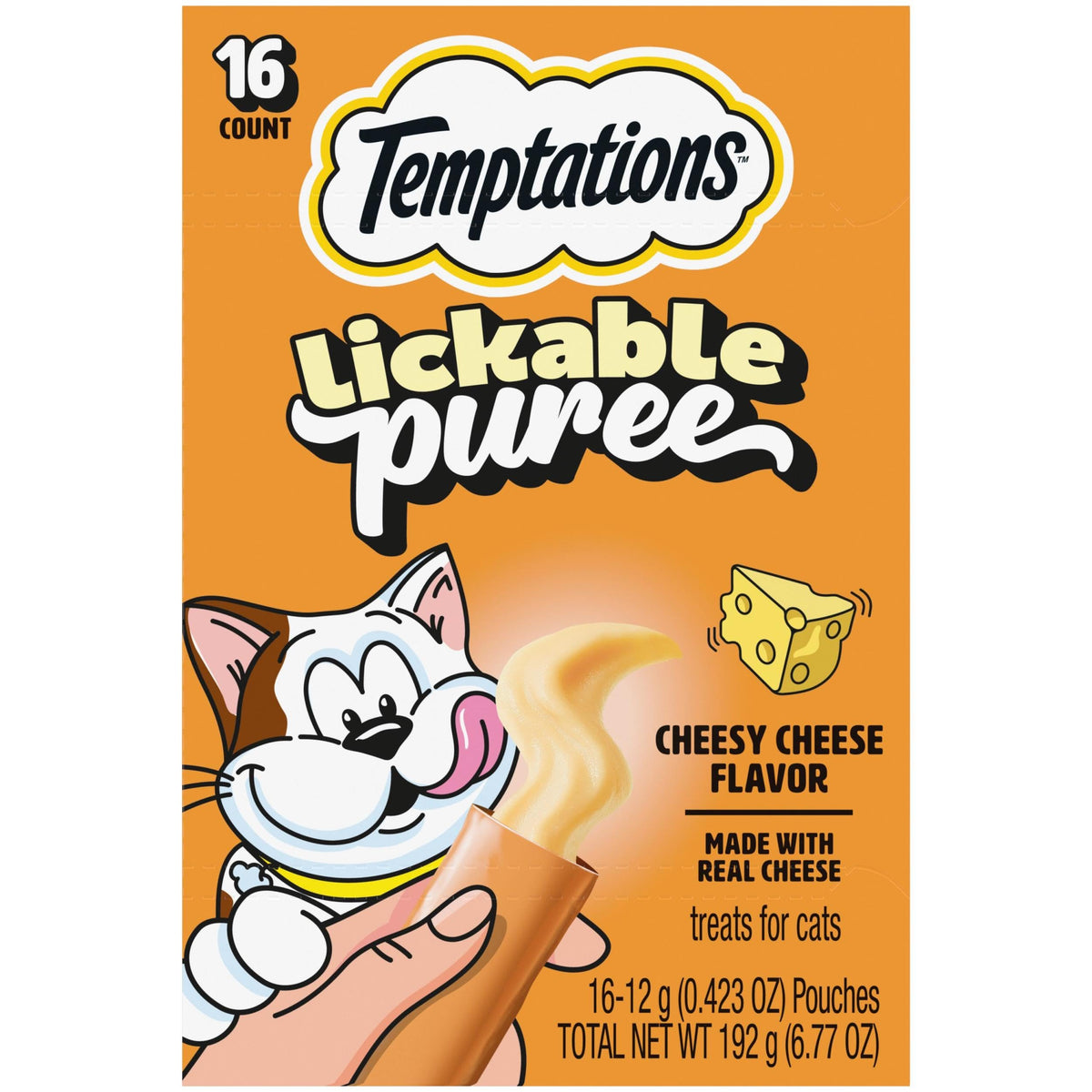 Temptations Puré Cremoso en Tubos con queso para gatos, textura suave y sabor irresistible.
