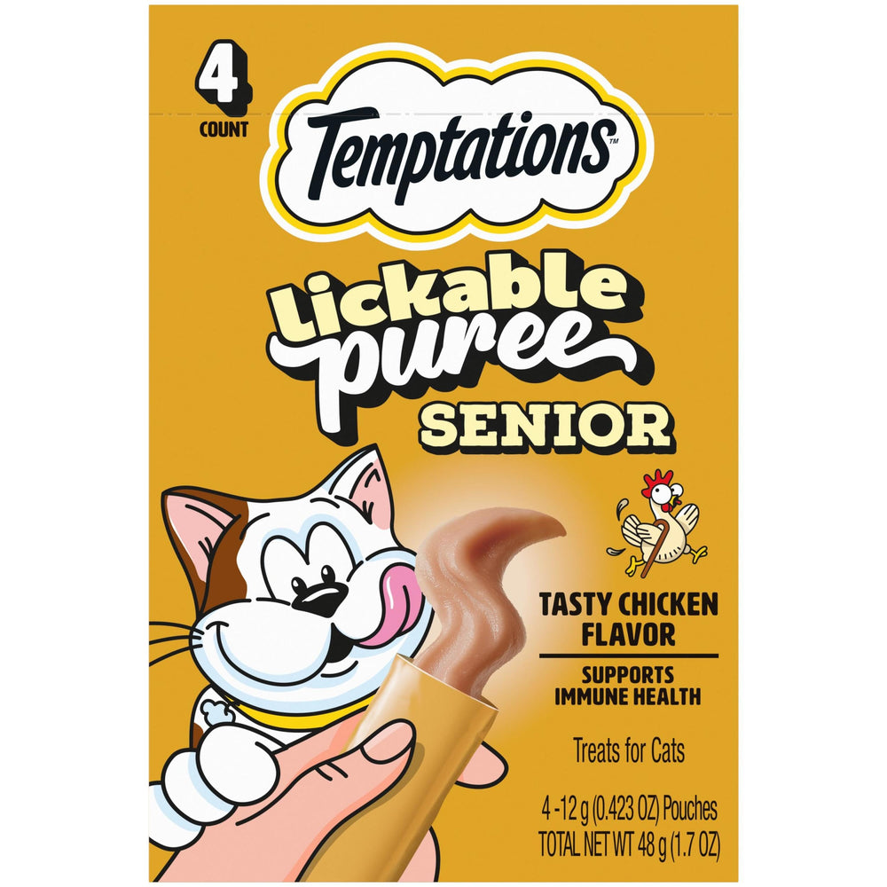 Temptations Puré Senior en sobre, gato acercándose al envase de pack11