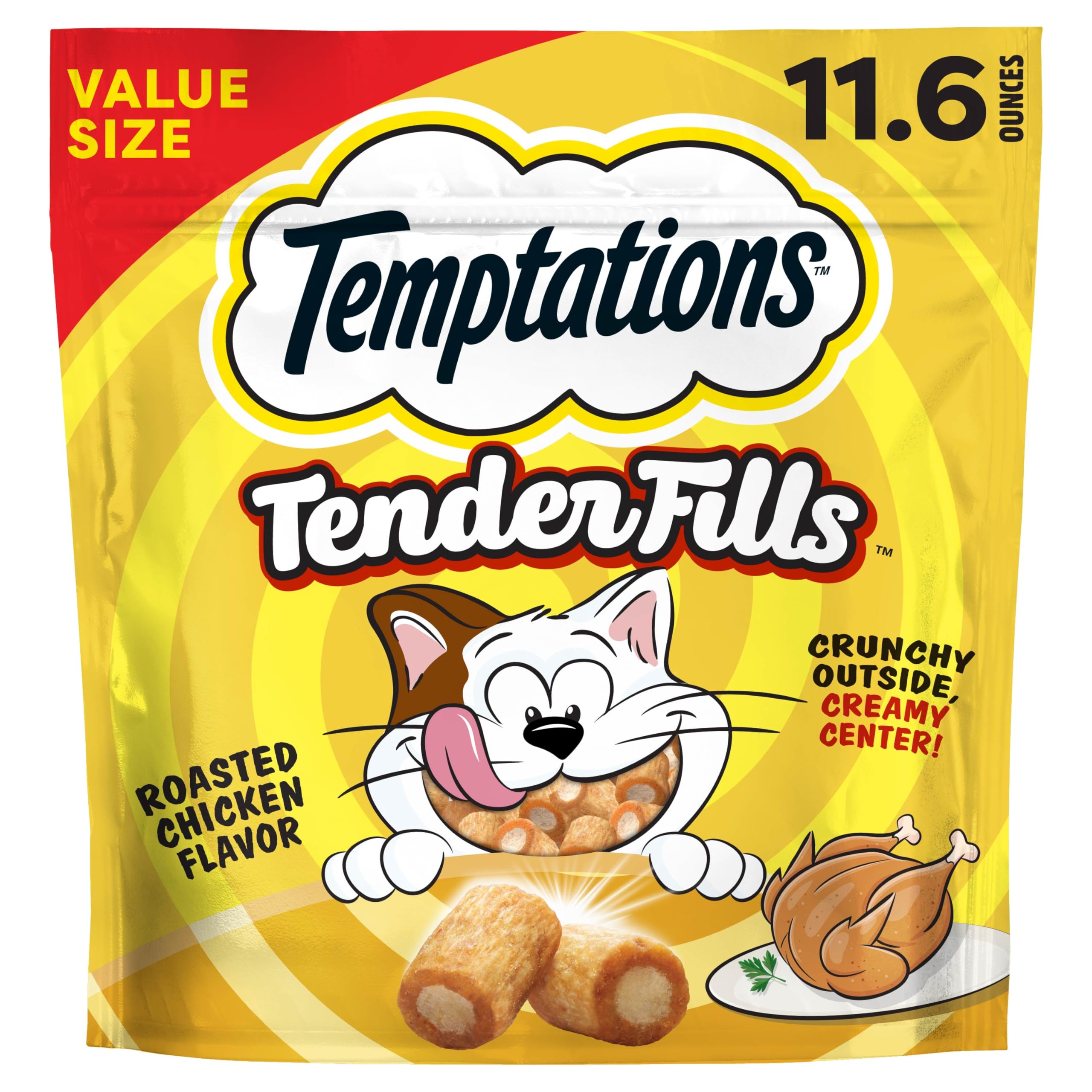 Temptations Tender Fills: centro cremoso visible y exterior crujiente, ideal como premio diario para gato.