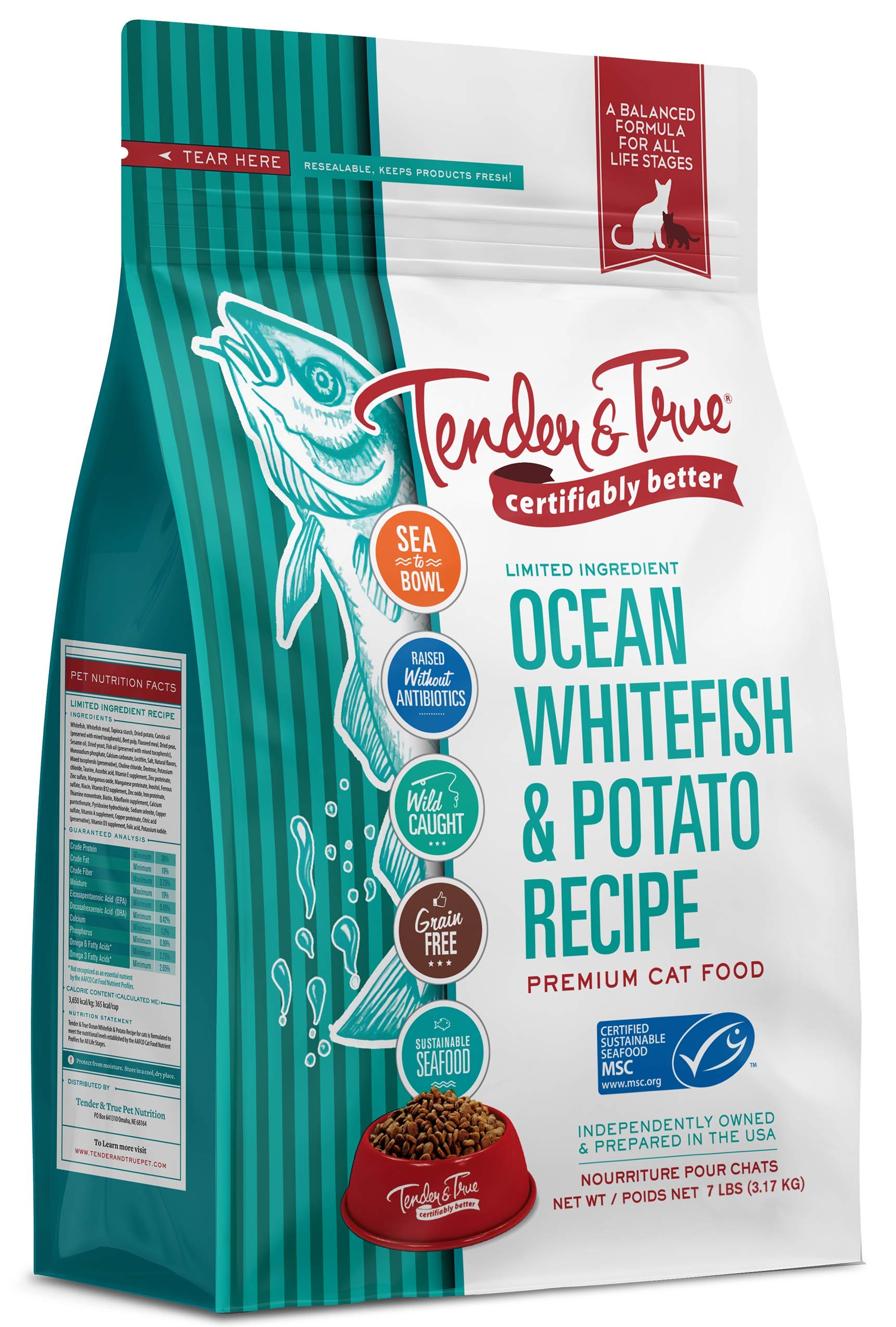 Tender & True, pescado blanco salvaje, fuente principal de proteína para gatos en su dieta diaria.