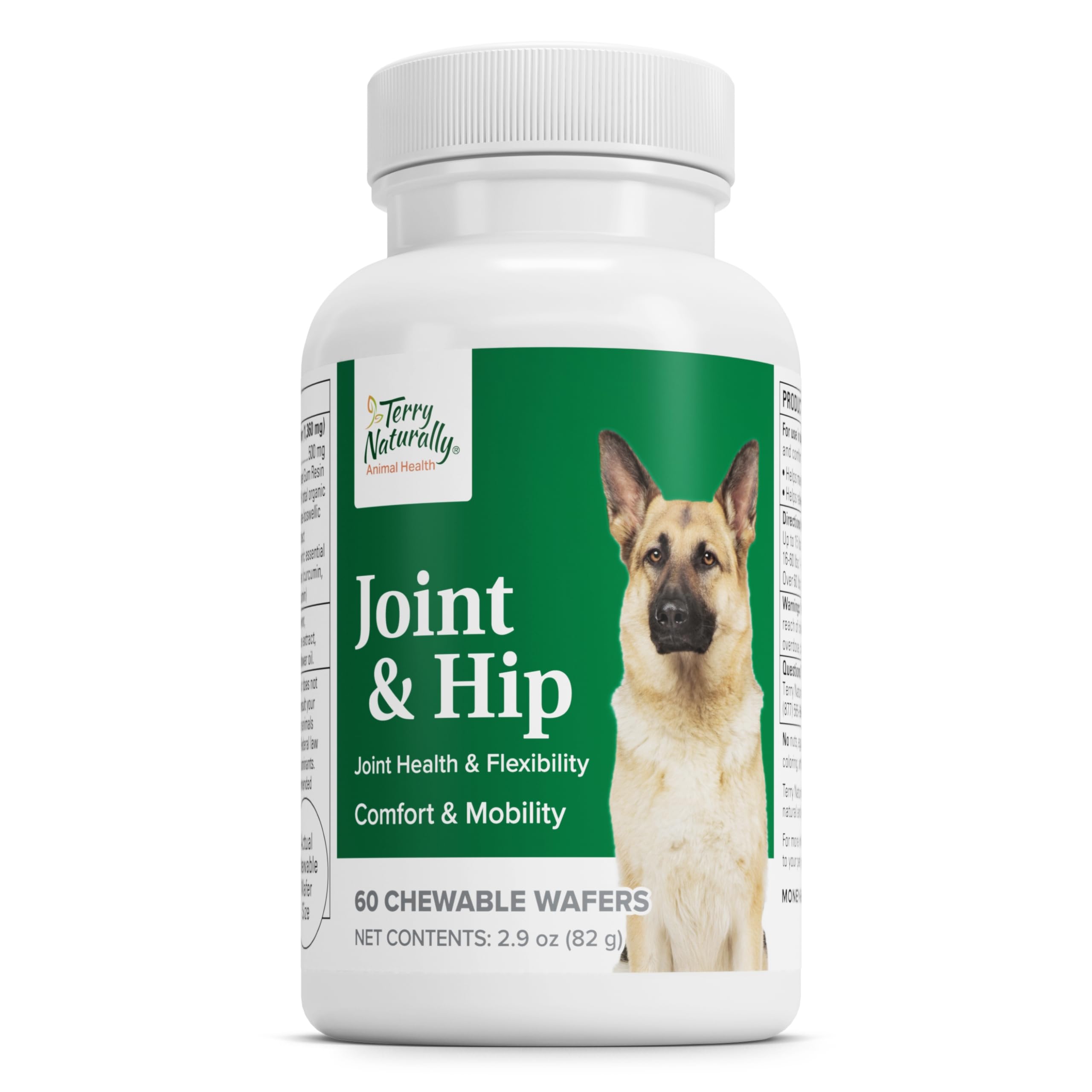 Producto Terry Naturally con empaque de masticables para articulaciones de perro.