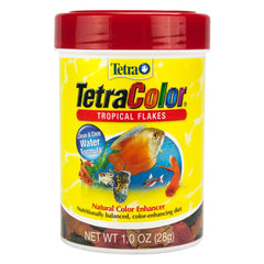 TetraColor Tropical Flakes, empaque de 1oz, fácil de almacenar y alimentar diariamente.