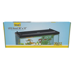 Tetra LED Hood 30x12, vista frontal, diseño compacto para acuarios modernos.