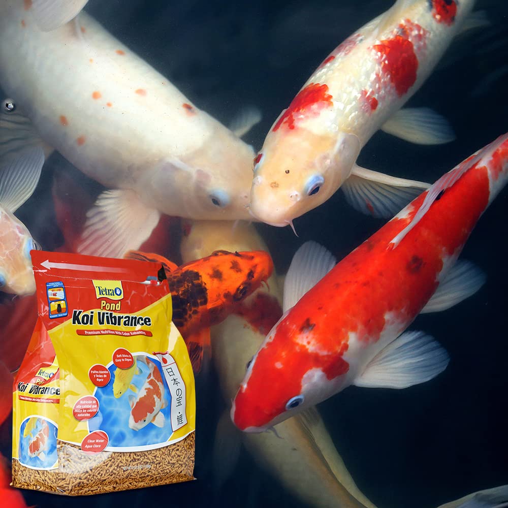 TetraPond Koi Vibrance Palitos Suaves en estanque con koi, digestión suave.