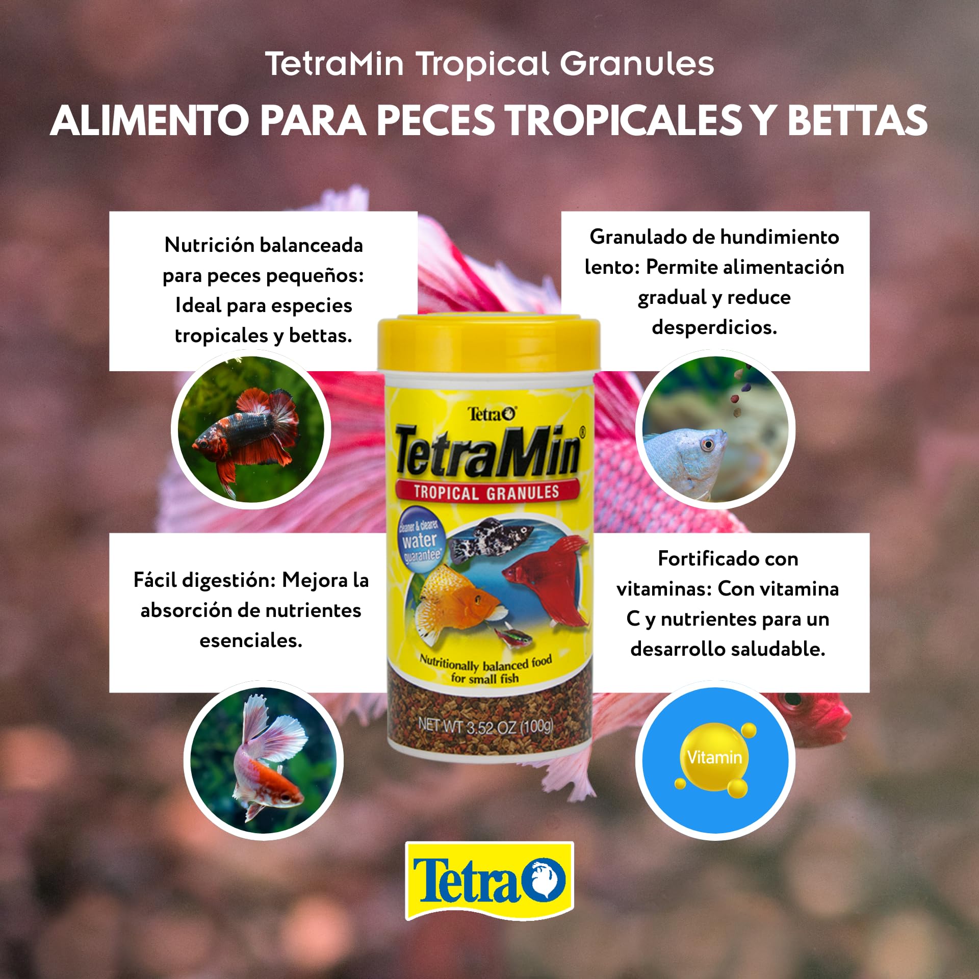 Tetra TetraMin Tropical Granules, envase práctico que facilita el almacenamiento y la frescura.