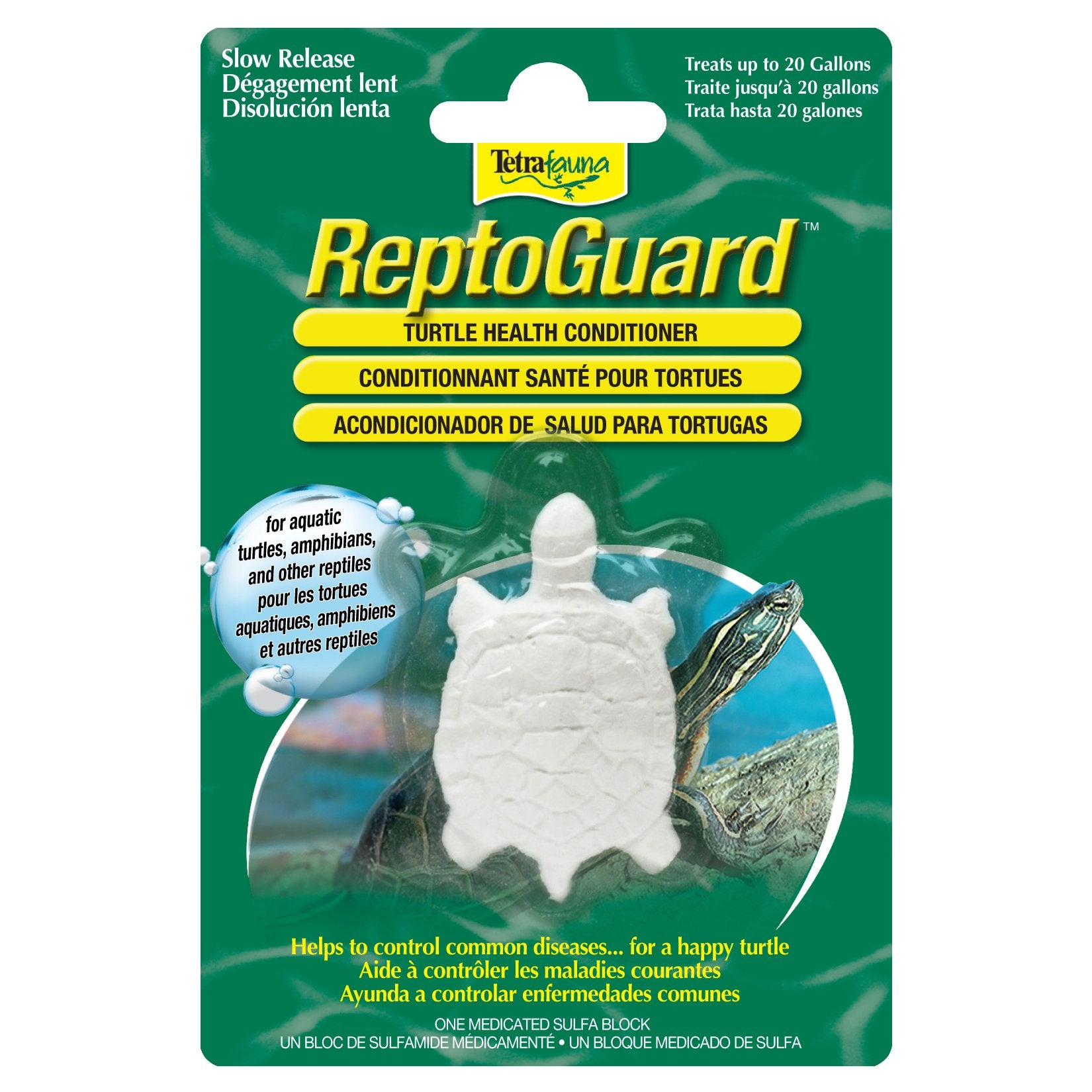 TetraFauna ReptoGuard con bloque tortuga, acondiciona el agua para tortugas.