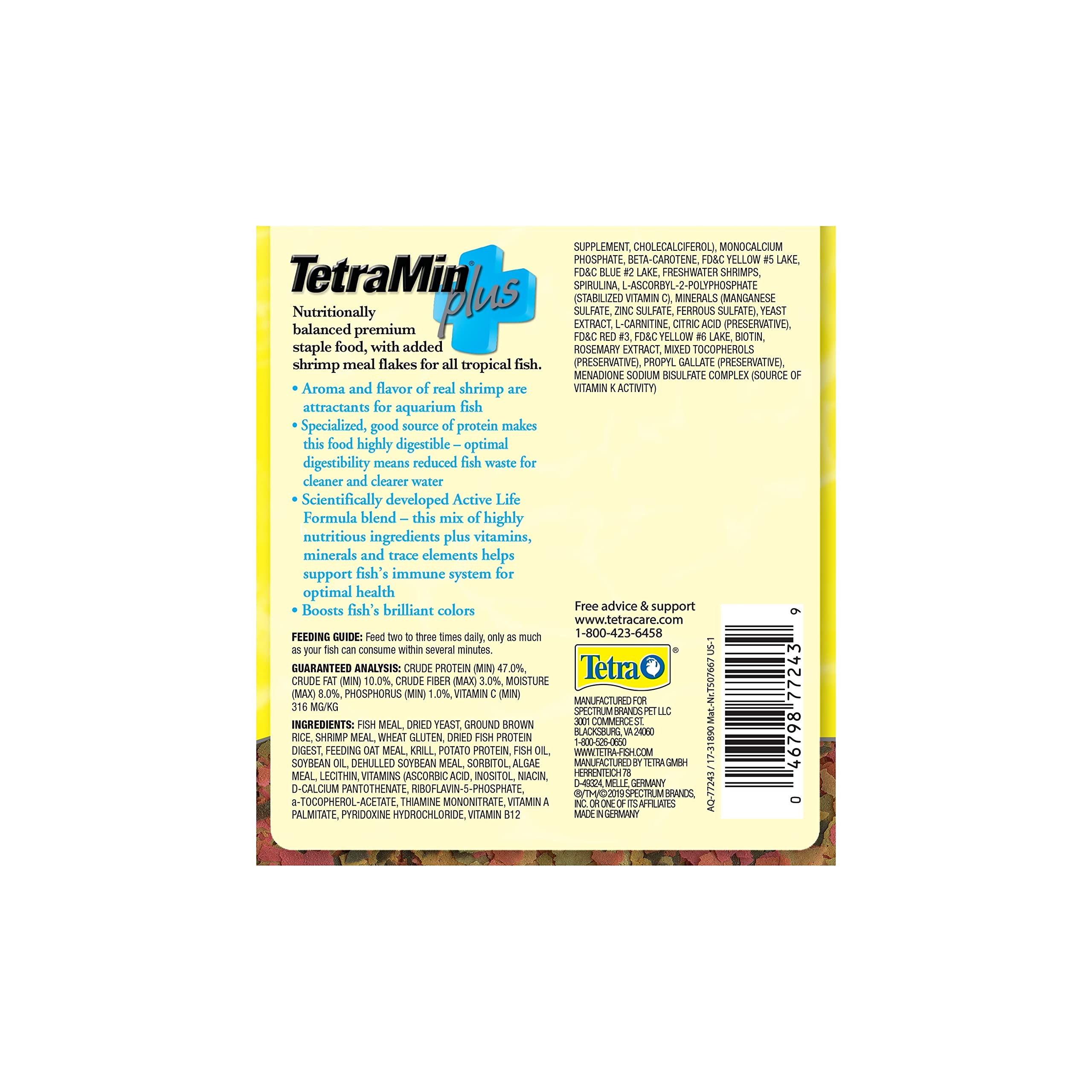 Tetramin Plus Flakes Tropicales con camarones: sabor natural que atrae a los peces.