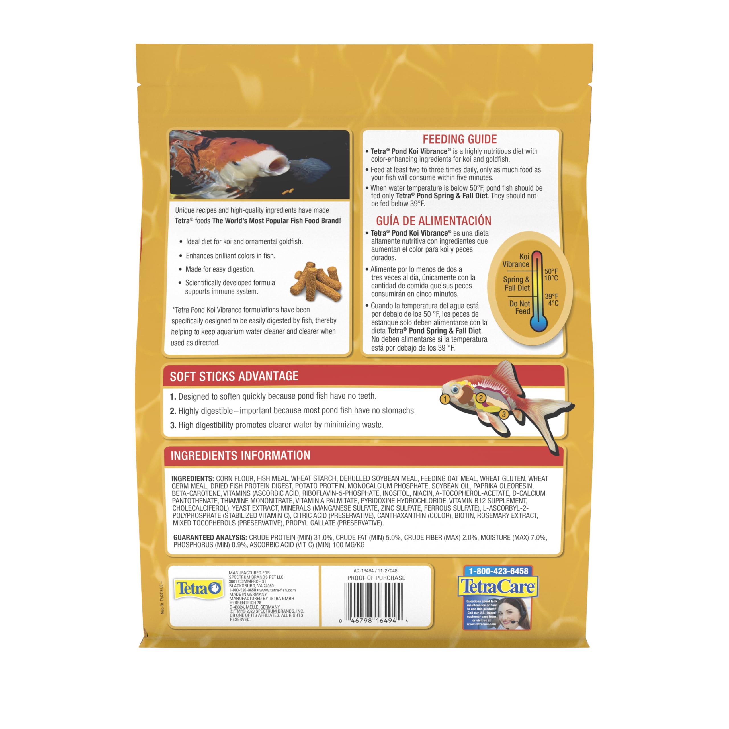 TetraPond Koi Vibrance: palitos flotantes para alimentación diaria de koi.