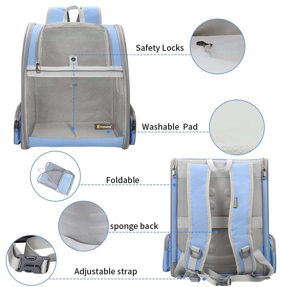 Texsens mochila para mascotas, cojín removible para limpieza interna.