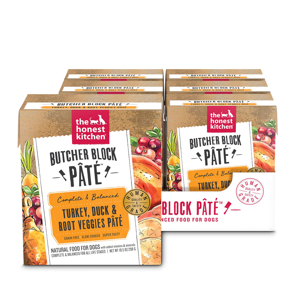 La Honest Kitchen Butcher Block Pâté con pavo y pato, ideal como comida diaria.