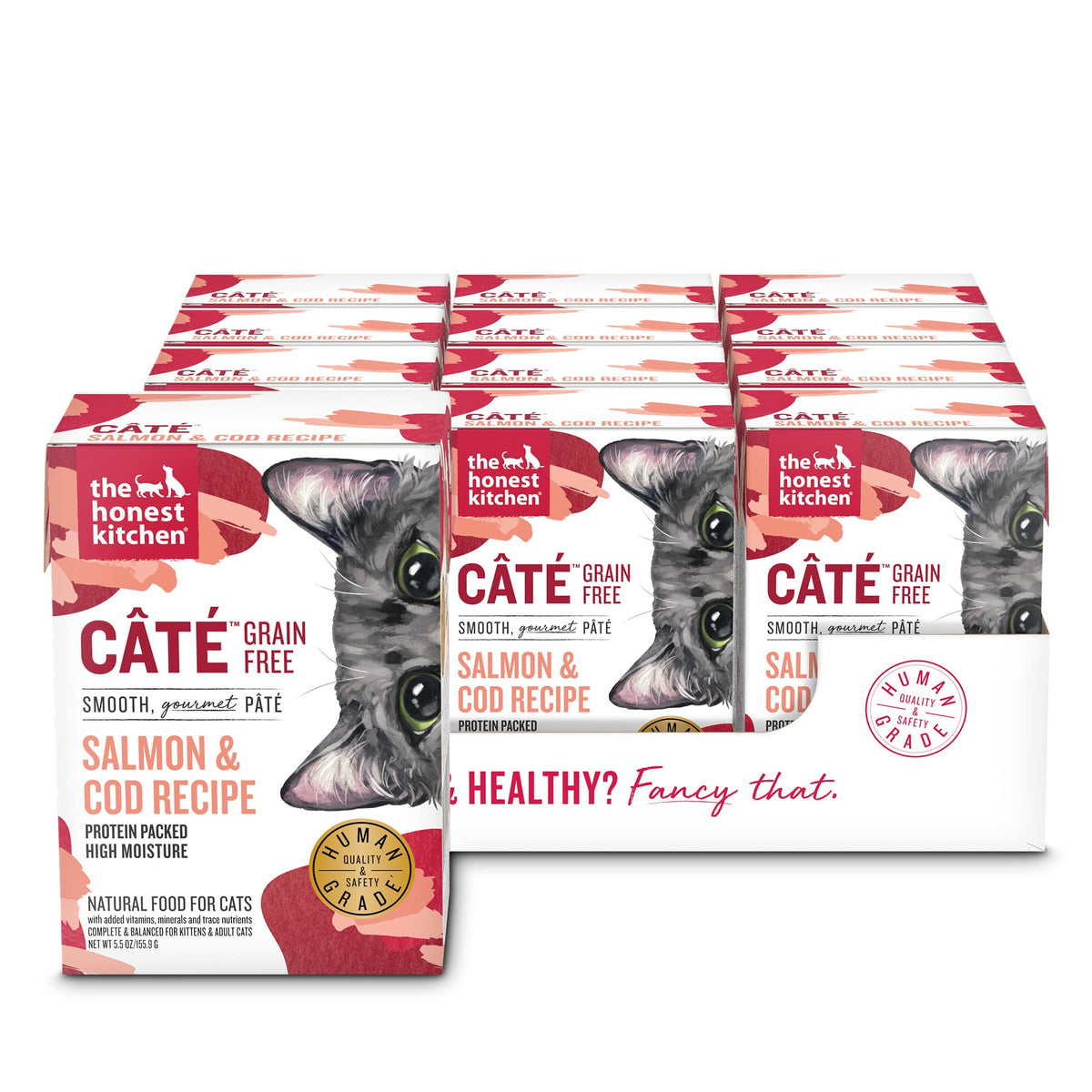The Honest Kitchen Câté salmón y bacalao: lata 12, proteína real para gatos.