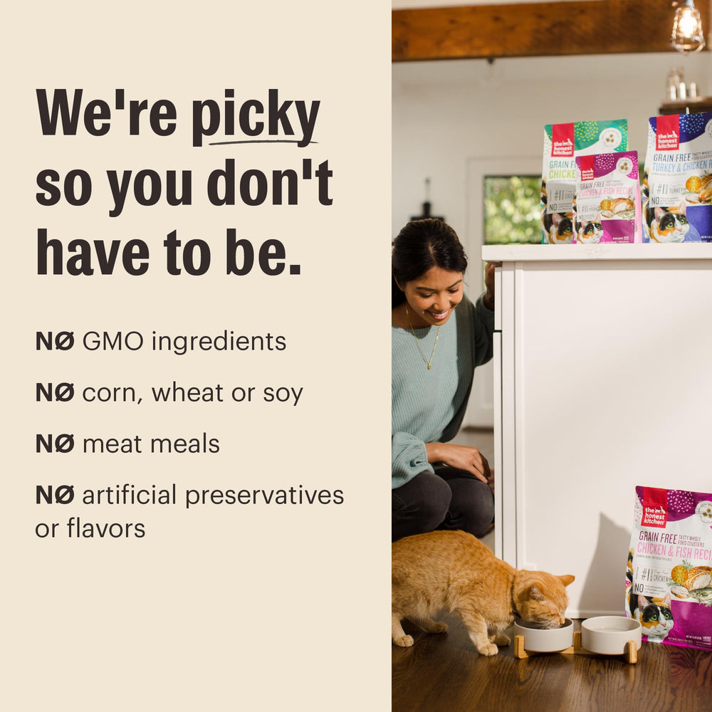 The Honest Kitchen Clusters para gatos adultos y gatitos, nutrición completa.