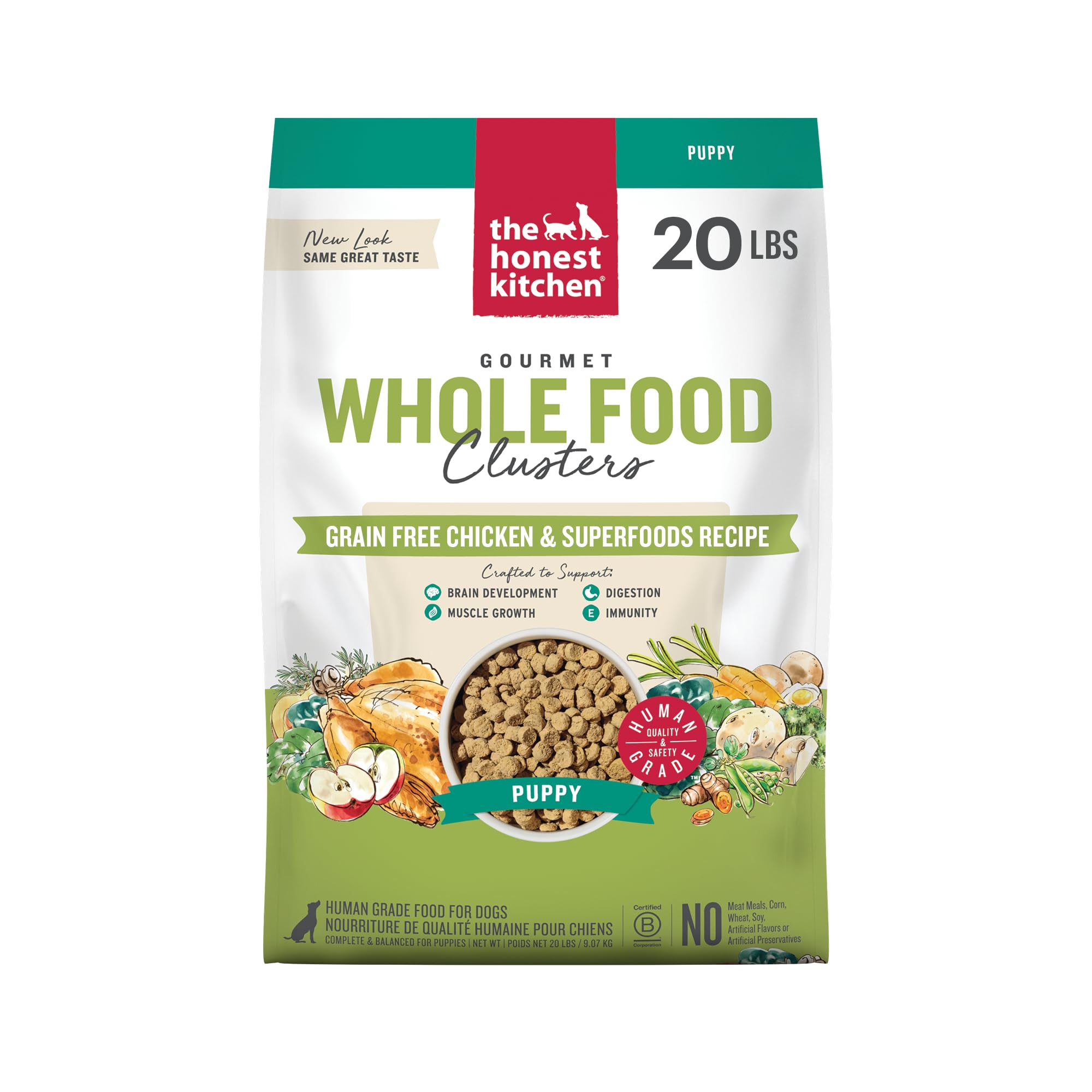 The Honest Kitchen Clusters para cachorros en bolsa de 20 libras, almacenamiento conveniente.